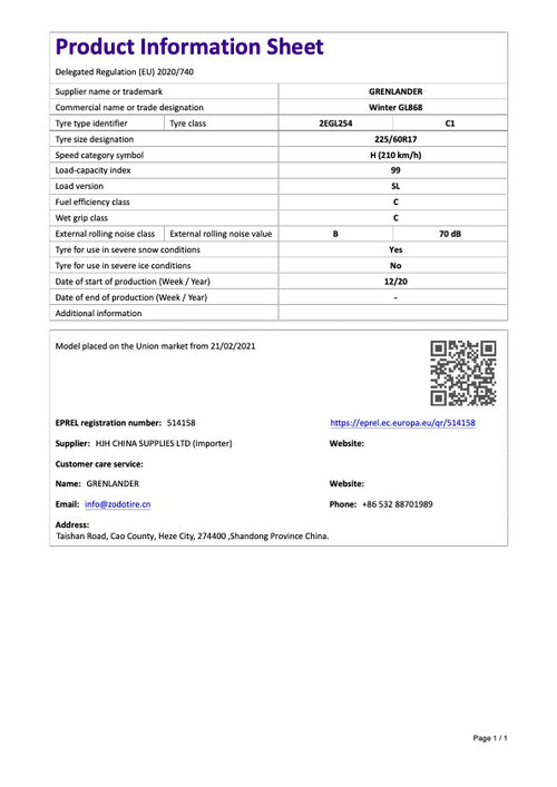 Grenlander Vinter GL868 225/60R17 99H – Vinterdekk for personbil (C1)