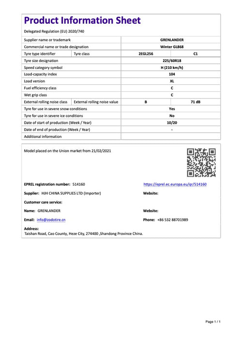 Grenlander Vinter GL868 225/60R18 104H XL – Vinterdekk for personbil (C1)