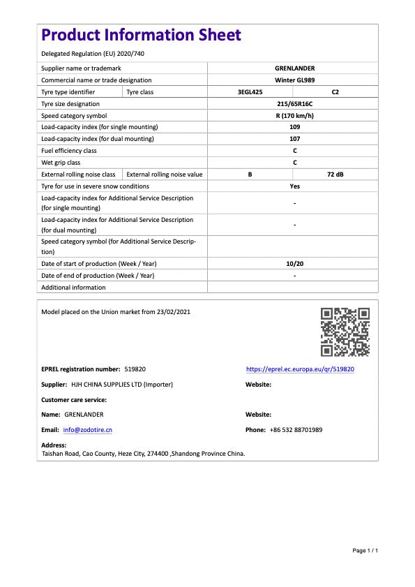 Grenlander Vinter GL989 215/65R16C 109/107R – Vinterdekk for varebil (C2)